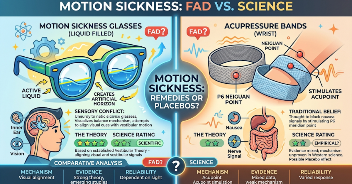 Motion Sickness Glasses (Liquid Filled) vs. Acupressure Bands: Fad vs. Science